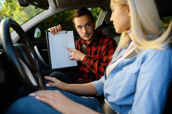 woman and man with checklist driving school 1 e1627375367962