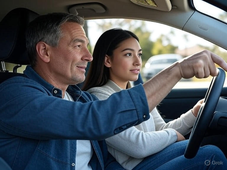 Quality driving school instructor gives lessons to a young woman