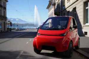 Voiture sans permis devant le jet d'eau de Genève