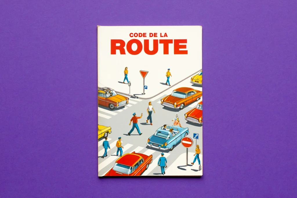 Illustration d'un livre du code de la route sur fond violet