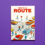 Illustration d'un livre du code de la route sur fond violet